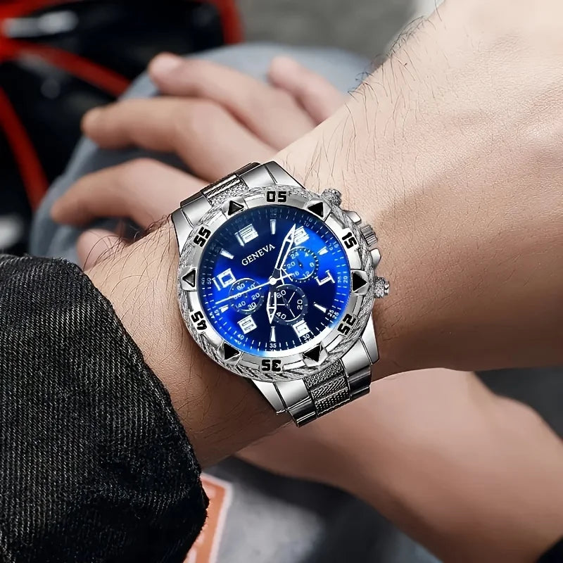 4pcs Luxury Men’s Quartz Watch – Stainless Steel Strap, Waterproof Sport Design