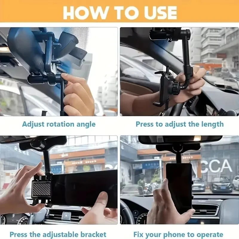 Car Rearview Mirror Phone Holder 360° Retractable Rotatable Cell Phone Holder Clip Mobile Phone GPS Support Phone Mount Stand