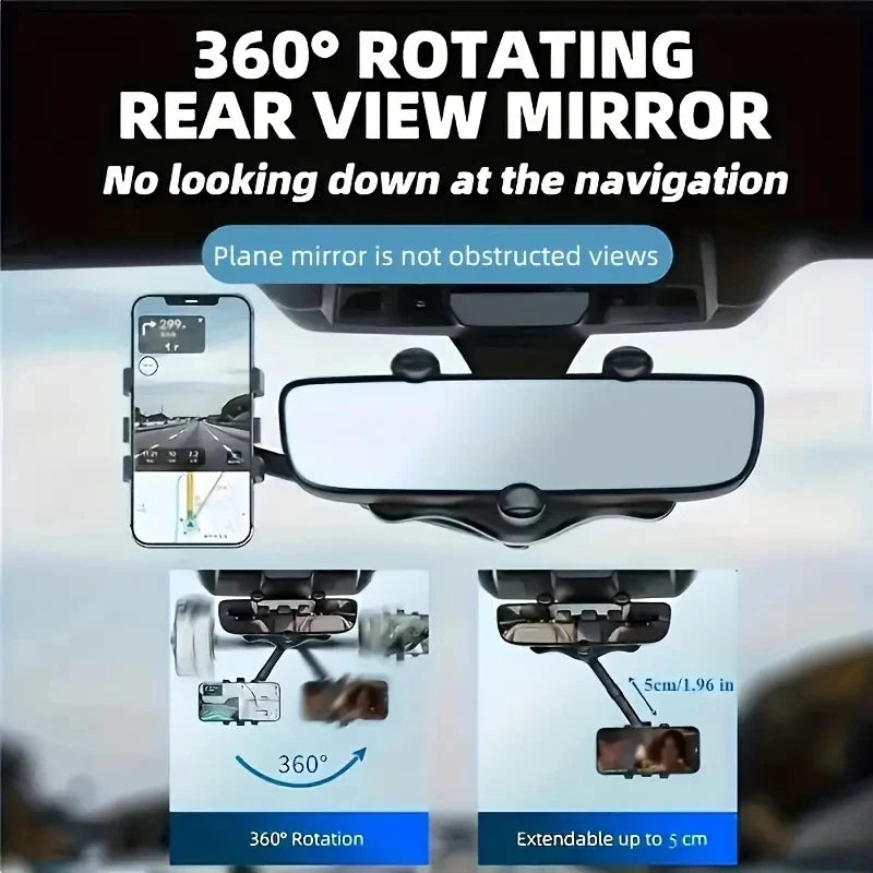 Car Rearview Mirror Phone Holder 360° Retractable Rotatable Cell Phone Holder Clip Mobile Phone GPS Support Phone Mount Stand