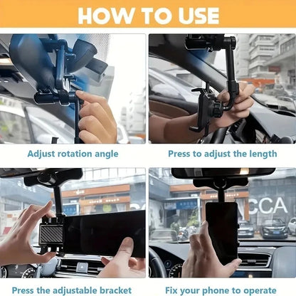 Adjustable Car Rearview Mirror Phone Holder 360° Retractable Cell Phone Holder Clip Phone GPS Support Mobile Phone Mount Stand