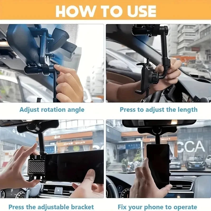 Car Rearview Mirror Phone Holder 360° Retractable Rotatable Cell Phone Holder Clip Mobile Phone GPS Support Phone Mount Stand