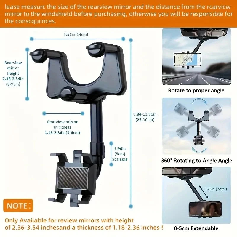 Car Rearview Mirror Phone Holder 360° Retractable Rotatable Cell Phone Holder Clip Mobile Phone GPS Support Phone Mount Stand