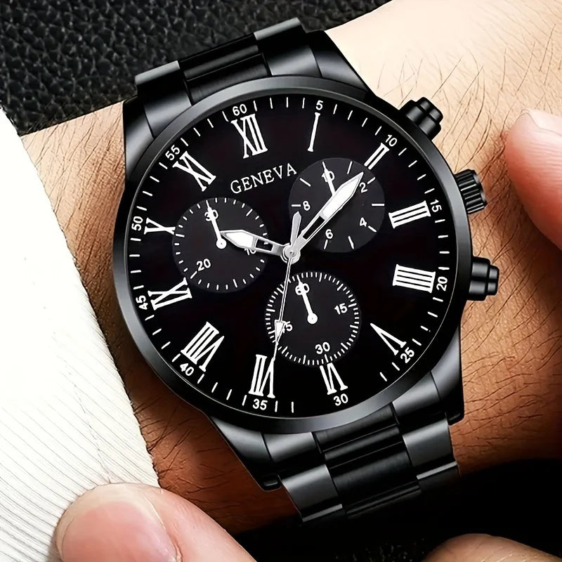 4pcs Luxury Men’s Quartz Watch – Stainless Steel Strap, Waterproof Sport Design