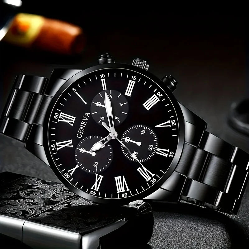 4pcs Luxury Men’s Quartz Watch – Stainless Steel Strap, Waterproof Sport Design