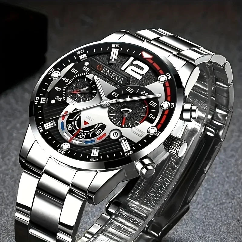 4pcs Luxury Men’s Quartz Watch – Stainless Steel Strap, Waterproof Sport Design