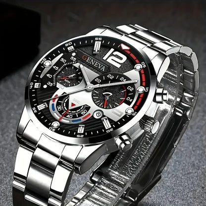4pcs Luxury Men’s Quartz Watch – Stainless Steel Strap, Waterproof Sport Design
