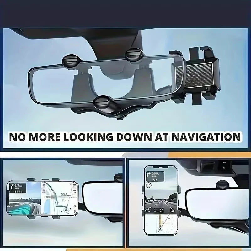 Car Rearview Mirror Phone Holder 360° Retractable Rotatable Cell Phone Holder Clip Mobile Phone GPS Support Phone Mount Stand