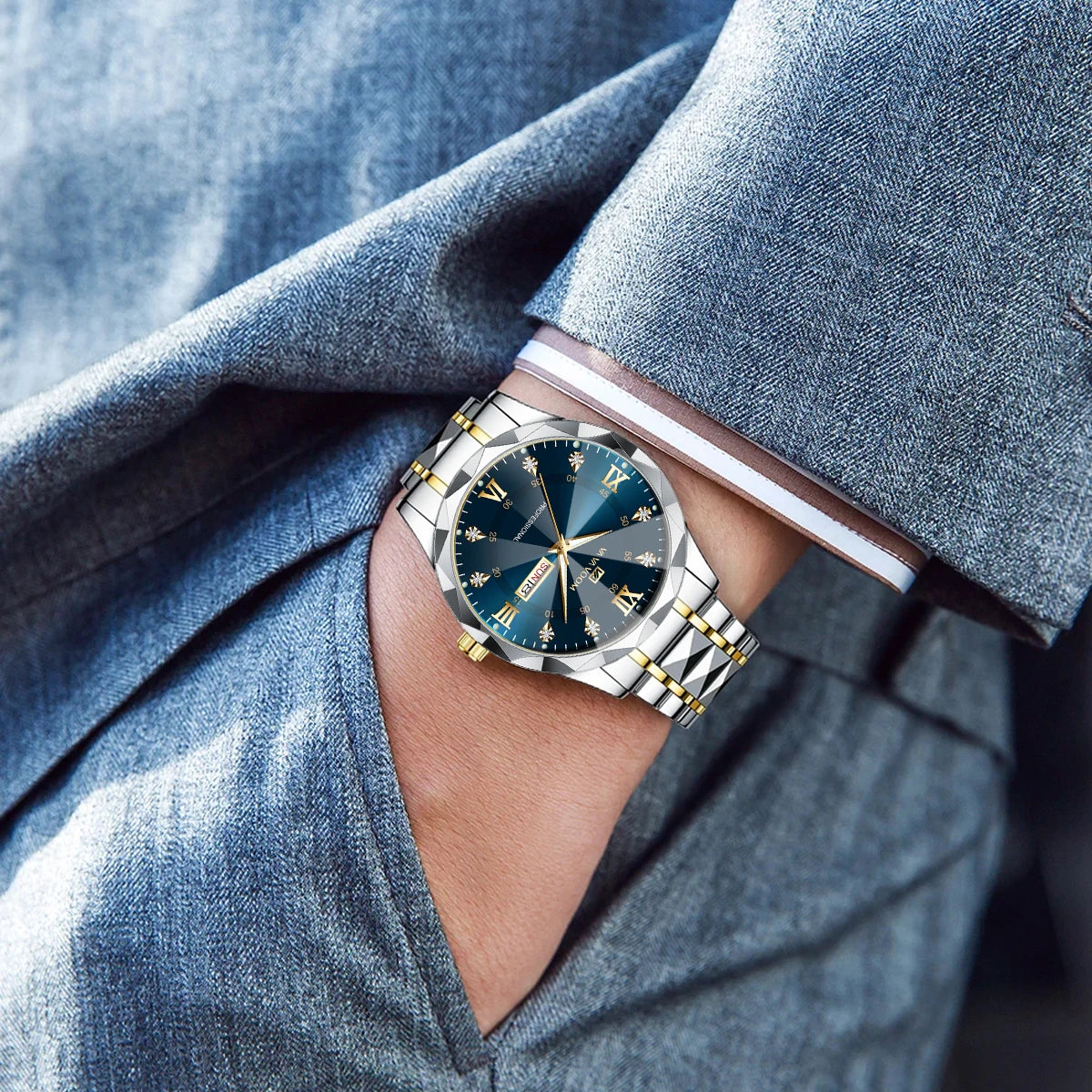 Men Watch Water Diamond Luxury. Quartz Business Watch