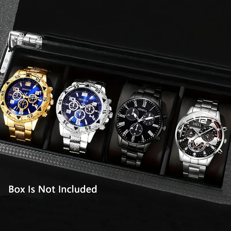 4pcs Luxury Men’s Quartz Watch – Stainless Steel Strap, Waterproof Sport Design
