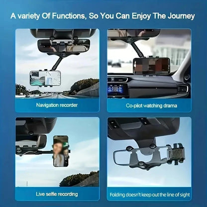 Car Rearview Mirror Phone Holder 360° Retractable Rotatable Cell Phone Holder Clip Mobile Phone GPS Support Phone Mount Stand