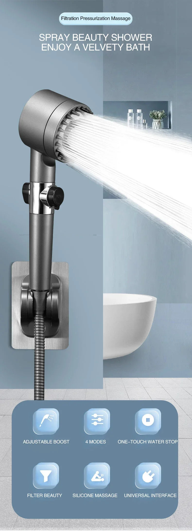 High Pressure Shower Head Pro – 3 Modes + Built-in Filter & Massage Brush