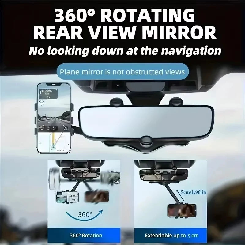 Car Rearview Mirror Phone Holder 360° Retractable Rotatable Cell Phone Holder Clip Mobile Phone GPS Support Phone Mount Stand
